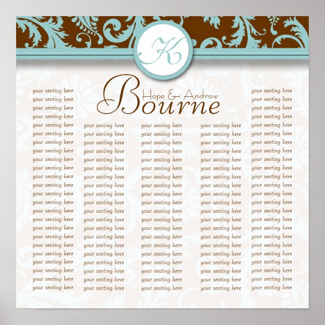 Poster Aqua Brown Monogramme Damask Seat Chart (Devant)