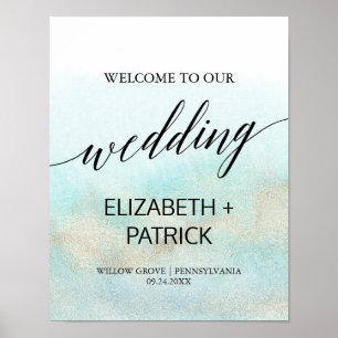 Poster Aqua et Gold Watercolor Beach Mariage Bienvenue