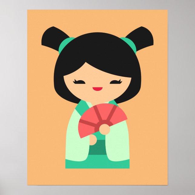 Poster aqua rose Kokeshi poupées japonaises (Devant)