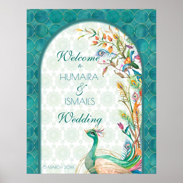 Poster Aqua vert turquoise Arabe vert paon bienvenue (Devant)