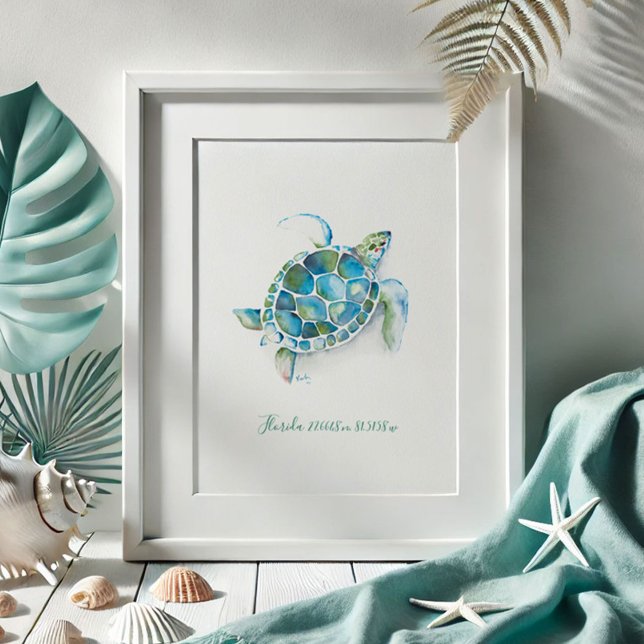 Poster Aquarelle (Beach pictures watercolor sea turtle drawing coastal art by Victoria Grigaliunas of Do Tell A Belle )