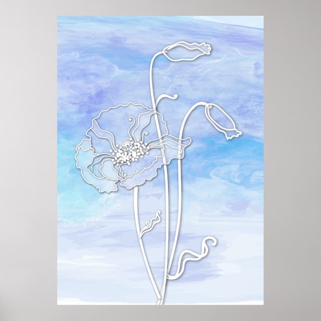 Poster Aquarelle Abstraite bleue et pavots (Devant)