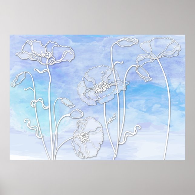 Poster Aquarelle Abstraite bleue et pavots 3 (Devant)