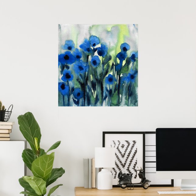Poster Aquarelle Abstraite 'Blue Field of Flowers' (Bureau à domicile)