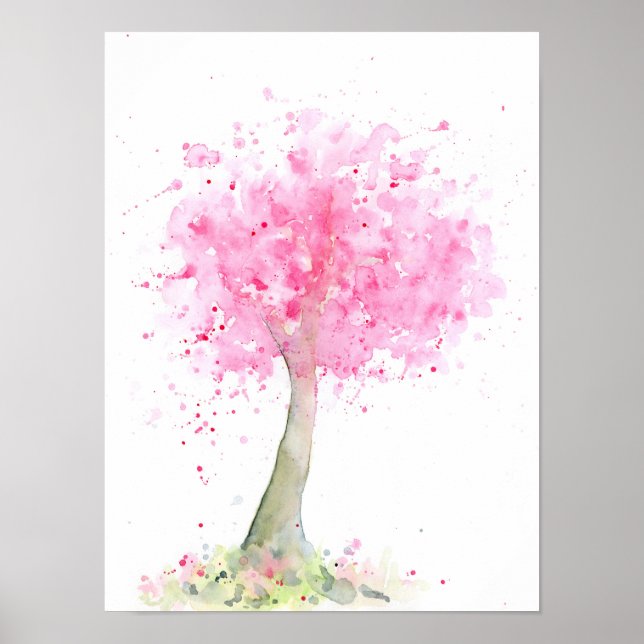 Poster Aquarelle Abstraite cerisier rose (Devant)