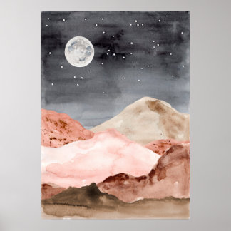 Poster Aquarelle abstraite nuit lune paysage désertique