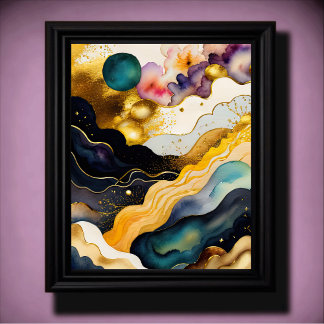 Poster Aquarelle Abstraite peinture biologique Or 4:5