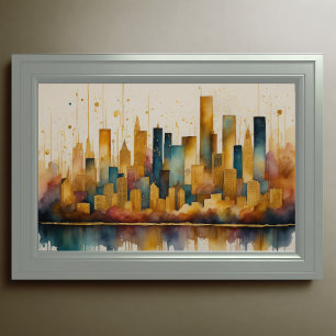 Poster Aquarelle Abstraite Peinture Gold Cityscape 3:2