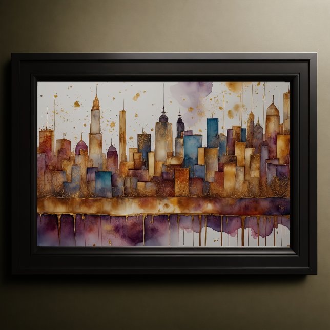 Poster Aquarelle Abstraite Peinture Gold Cityscape 3:2 (Créateur téléchargé)