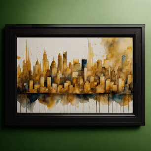 Poster Aquarelle Abstraite Peinture Gold Cityscape 3:2