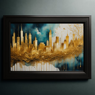 Poster Aquarelle Abstraite Peinture Gold Cityscape 3:2