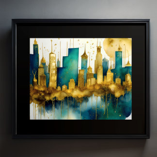 Poster Aquarelle Abstraite Peinture Gold Cityscape 5:4