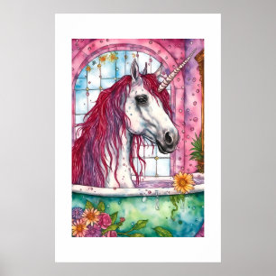 Poster Aquarelle adorable Mane rose Unicorne Bathtime