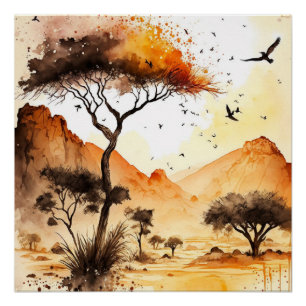 Poster Aquarelle africaine Safari coucher de soleil avec 