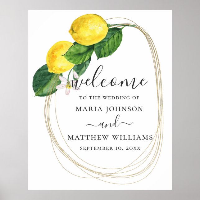 Poster Aquarelle agrumes fleuris citron mariage accueil (Devant)