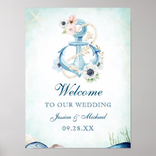 Poster Aquarelle Ancre Fleurs Starfish Beach Mariage