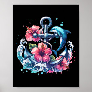 Poster Aquarelle Ancre florale Dauphin Anim marin nautiqu