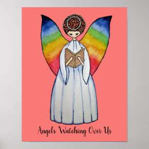 Poster Aquarelle Angel Avec Arcs-En-Ciel Lire Un Livre
