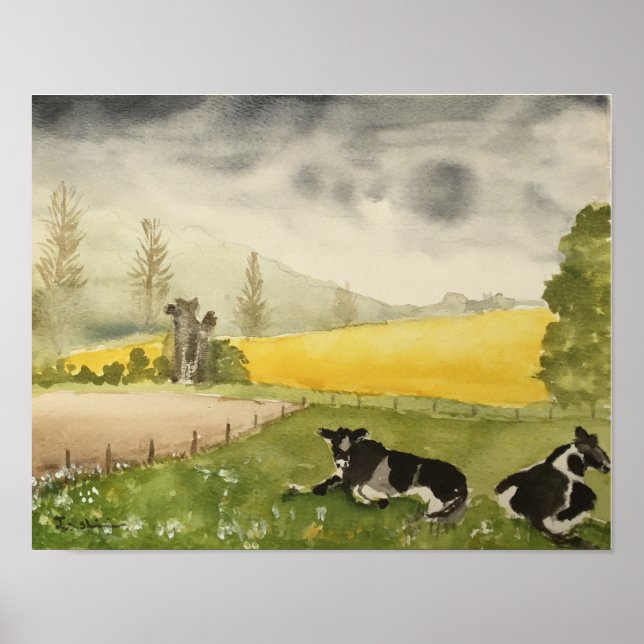 Poster Aquarelle anglaise Campagne Fields & Cows (Devant)
