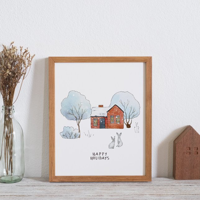 Poster Aquarelle Animaux d'hiver et maison (Créateur téléchargé)