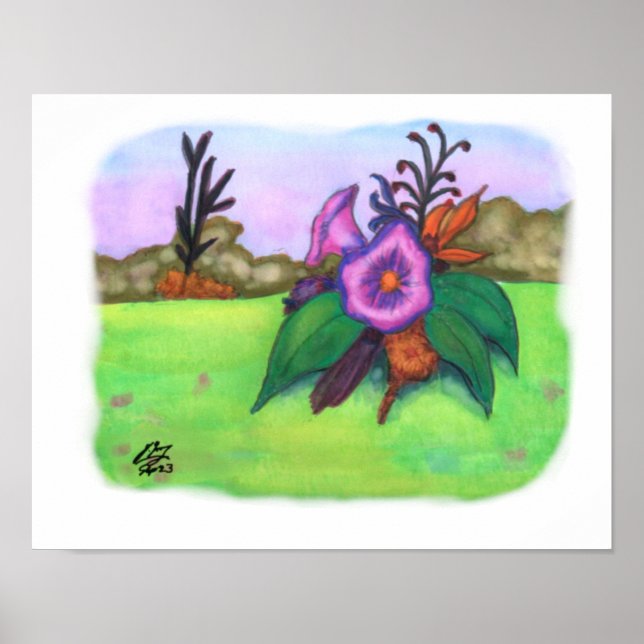 Poster Aquarelle Aquarelle Imaginaire Jardin Fleurs Art (Devant)