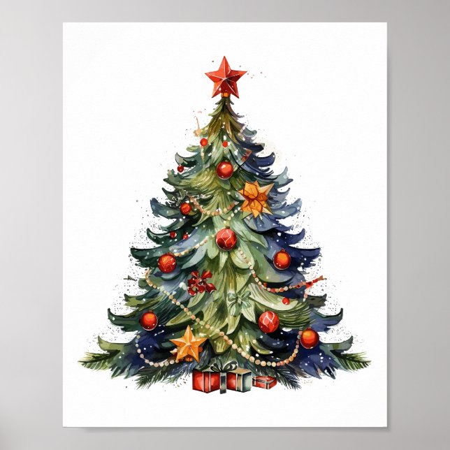 Poster Aquarelle Arbre de Noël, Cadeaux de Noël (Devant)