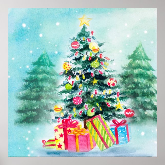 Poster Aquarelle Arbre de Noël décoré (Devant)