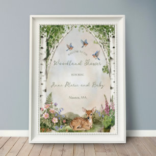 Poster Aquarelle Arbres de bouleau et Fawn Fête Prénatale