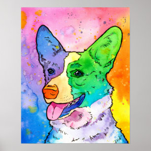 Poster Aquarelle arc-en-ciel adorable Corgi