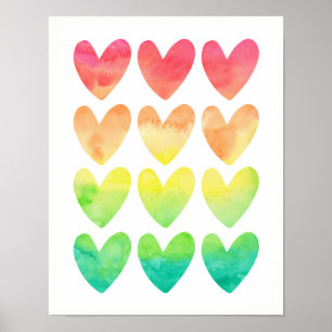 Poster Aquarelle arc-en-ciel coeurs enfants imprimé affic