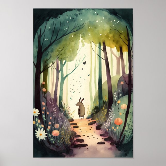 Poster Aquarelle art animal mignon dans la forêt magique (Devant)