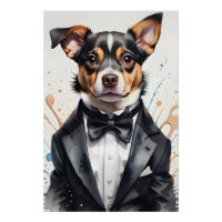 Aquarelle Art mignon chien Tuxedo Black Bow Cravat