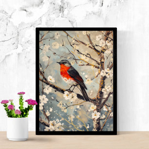 Poster Aquarelle Art Peint Oiseau dans l'arbre Fleurs bla