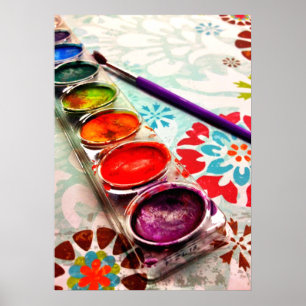 Poster Aquarelle Artiste Peinture Bac et pinceau sur Fleu