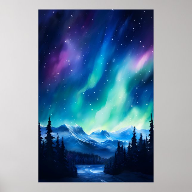 Poster Aquarelle aurore boréale aurore boréale (Devant)