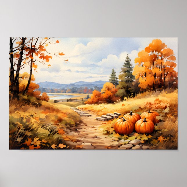 Poster Aquarelle Automne Citrouille de route en chute Feu (Devant)
