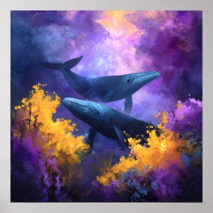 Poster Aquarelle Baleines Jardin Océan Abstrait
