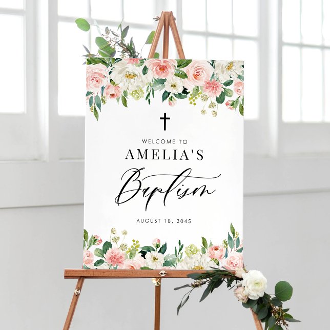 Poster Aquarelle Baptême Floral Blanc et Blush (Watercolor White and Blush Pink Floral Garland Baptism Welcome Sign)