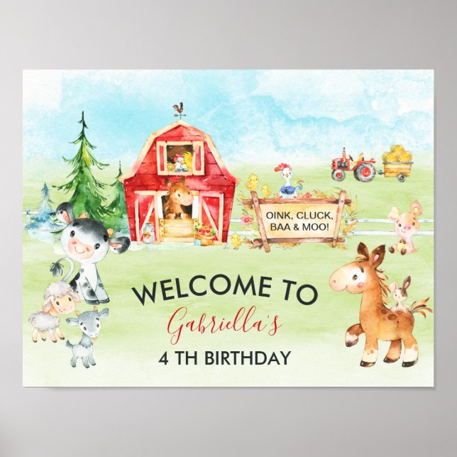Poster Aquarelle Barnyard et animaux de ferme Anniversair (Devant)