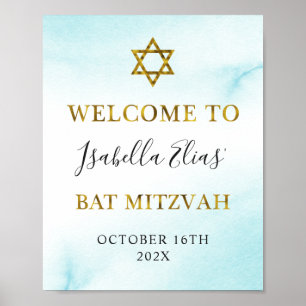 Poster Aquarelle bat mitzvah Pastel Blue Gold Welcome