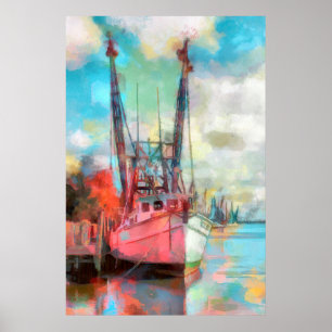Poster Aquarelle Bateau de pêche au coucher du soleil