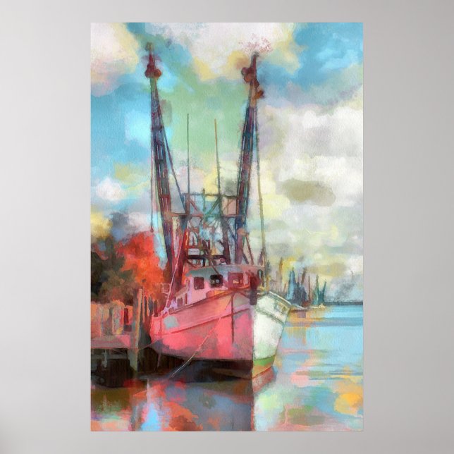 Poster Aquarelle Bateau de pêche au coucher du soleil (Devant)
