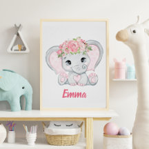 Aquarelle Bébé Eléphant rose Floral Girl Nursery