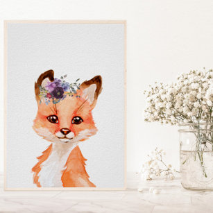 Poster Aquarelle Bébé Fox Cub Nourriture Décor Enfant Flo