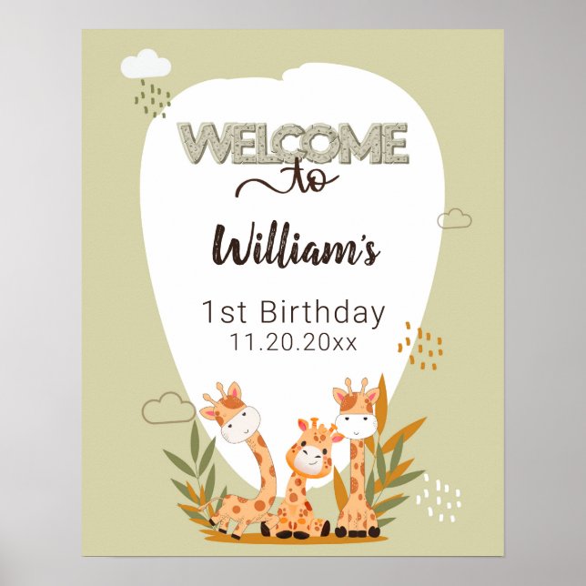 Poster Aquarelle bébé Giraffe, Safari Animaux Anniversair (Devant)