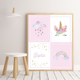 Poster Aquarelle Bébé licorne Nom personnalisé Girl Nurse
