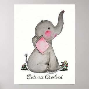 Poster Aquarelle Bébé mou Eléphant Avec Blush & fleurs