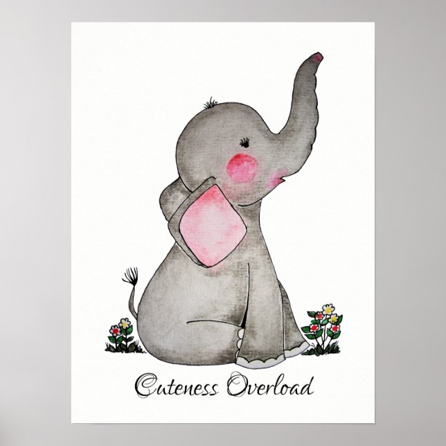 Poster Aquarelle Bébé mou Eléphant Avec Blush & fleurs (Devant)