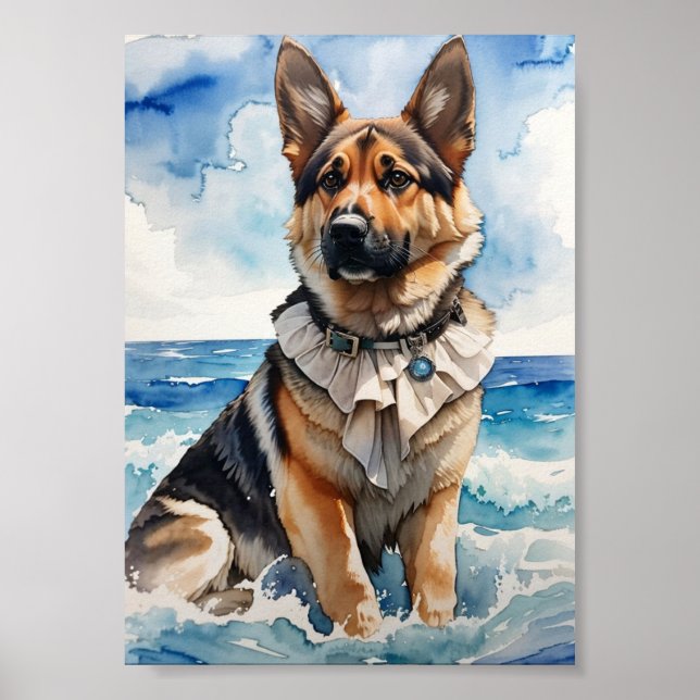 Poster Aquarelle berger allemand à la plage 5 (Devant)