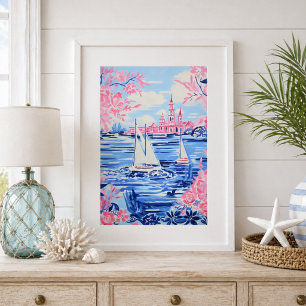 Poster Aquarelle Blanc Bateaux à voile Bleu Eaux Rose Flo